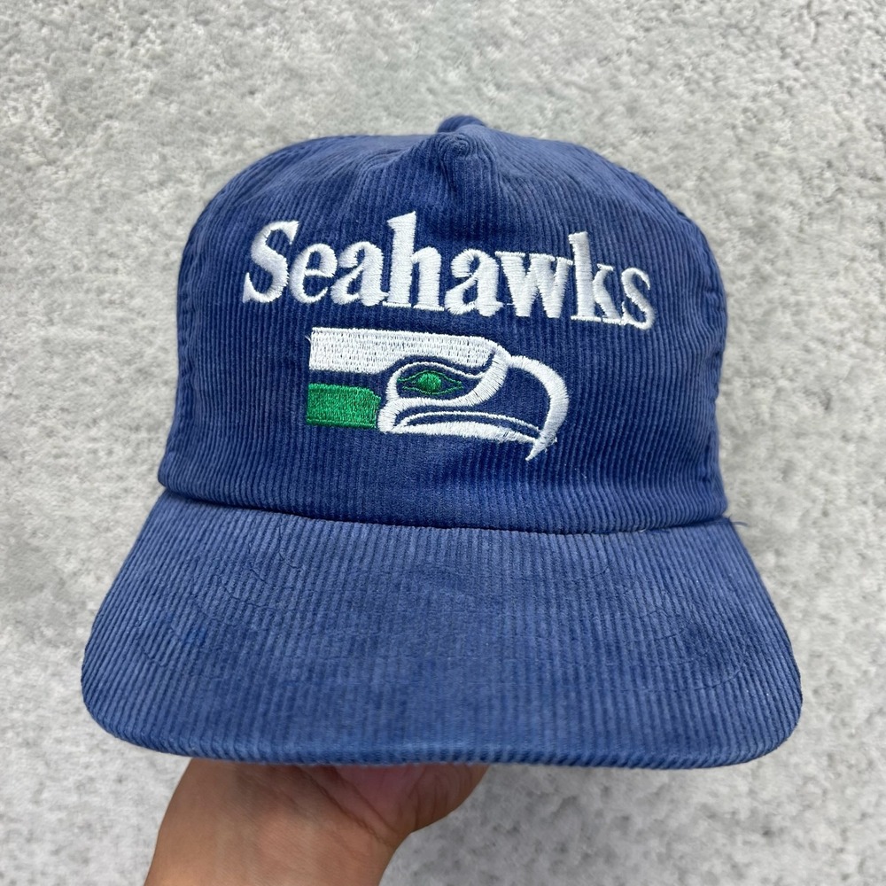 VINTAGE Corduroy Football Cap Blue Seattle Seahawks Snapback Hat NFL Sportswear